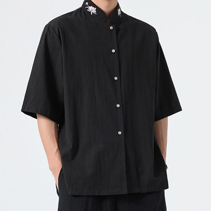 Buddha Stones Camicia da uomo tinta unita stile Tang estiva con colletto alla coreana e ricamo a loto. - image 11