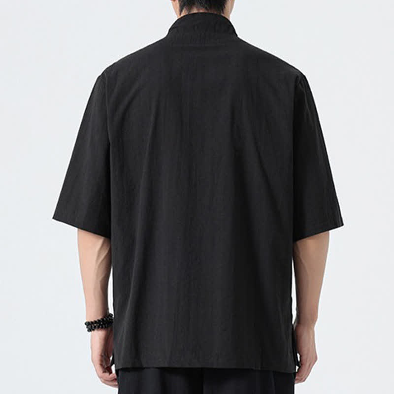 Buddha Stones Camicia da uomo tinta unita stile Tang estiva con colletto alla coreana e ricamo a loto. - image 12