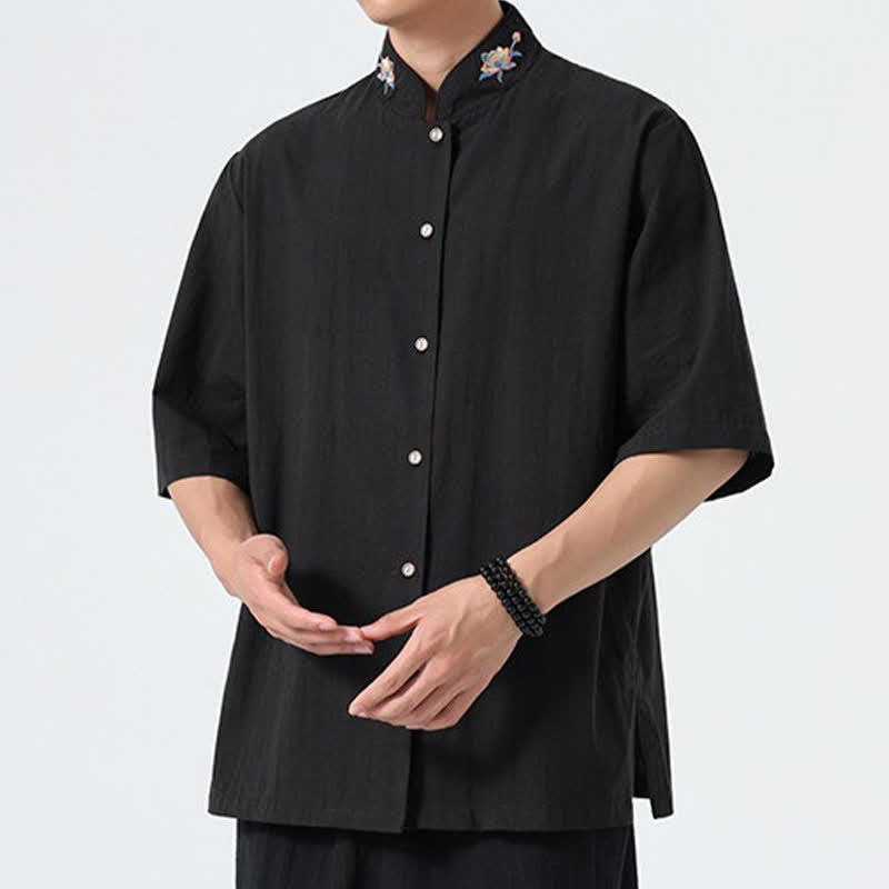 Buddha Stones Camicia da uomo tinta unita stile Tang estiva con colletto alla coreana e ricamo a loto. - image 13