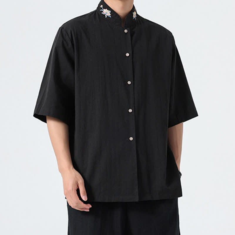 Buddha Stones Camicia da uomo tinta unita stile Tang estiva con colletto alla coreana e ricamo a loto. - image 14