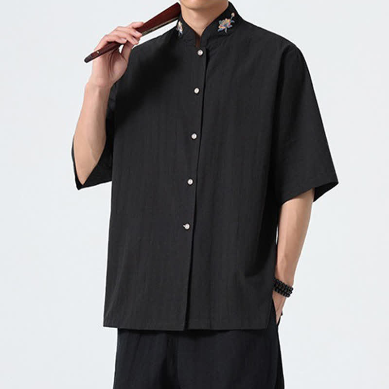 Buddha Stones Camicia da uomo tinta unita stile Tang estiva con colletto alla coreana e ricamo a loto. - image 15
