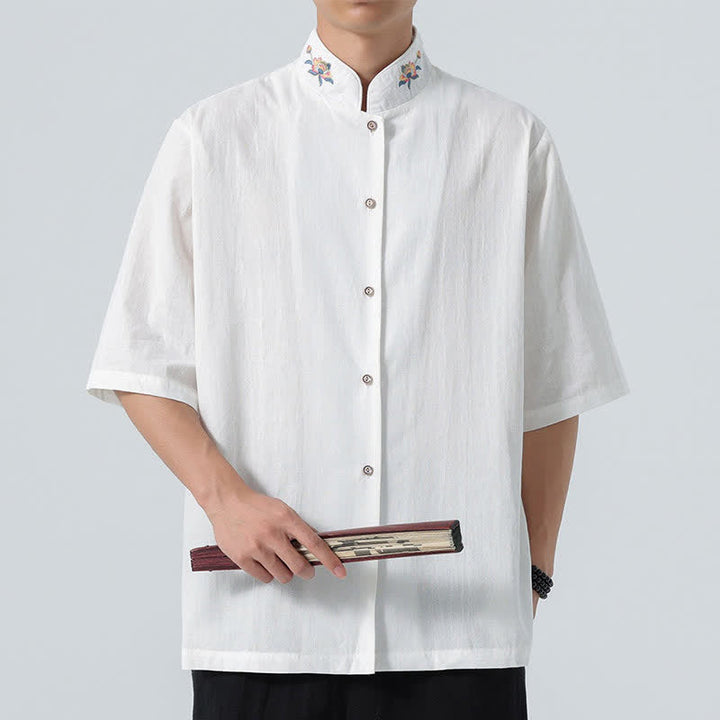 Buddha Stones Camicia da uomo tinta unita stile Tang estiva con colletto alla coreana e ricamo a loto. - Bianco - US/UK/AU46, EU56 (5XL) - image 16
