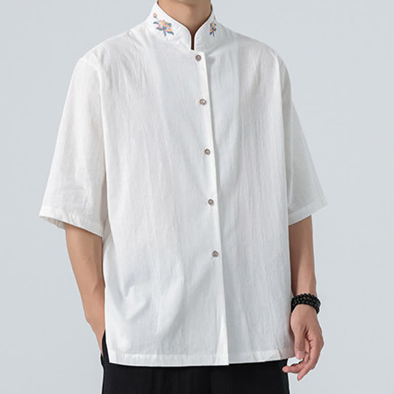 Buddha Stones Camicia da uomo tinta unita stile Tang estiva con colletto alla coreana e ricamo a loto. - image 17