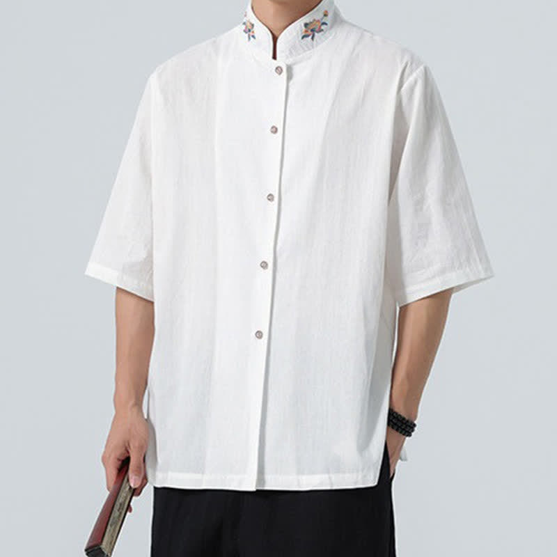 Buddha Stones Camicia da uomo tinta unita stile Tang estiva con colletto alla coreana e ricamo a loto. - image 23
