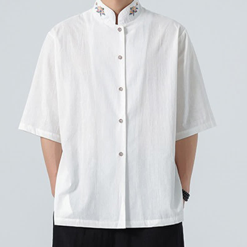 Buddha Stones Camicia da uomo tinta unita stile Tang estiva con colletto alla coreana e ricamo a loto. - image 18