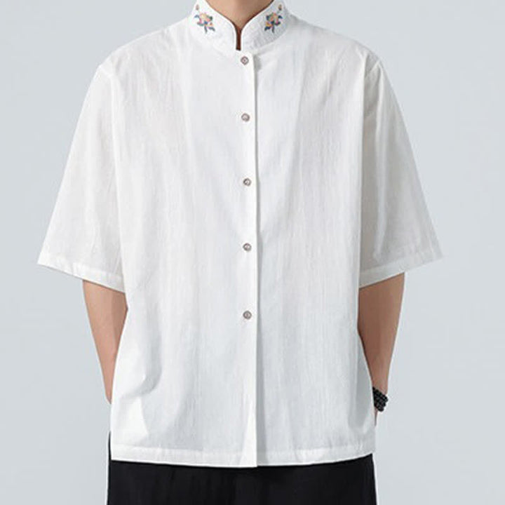 Buddha Stones Camicia da uomo tinta unita stile Tang estiva con colletto alla coreana e ricamo a loto. - image 18