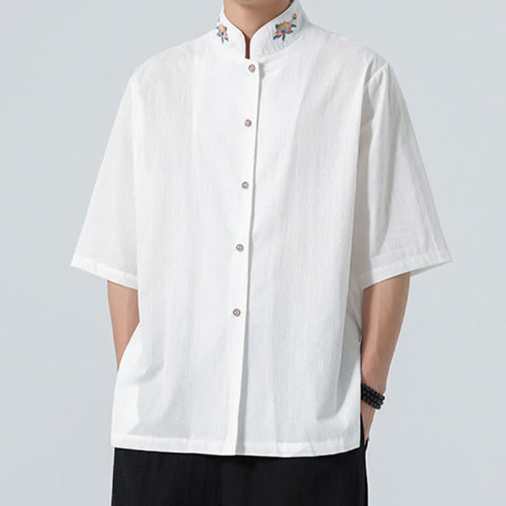 Buddha Stones Camicia da uomo tinta unita stile Tang estiva con colletto alla coreana e ricamo a loto. - image 22