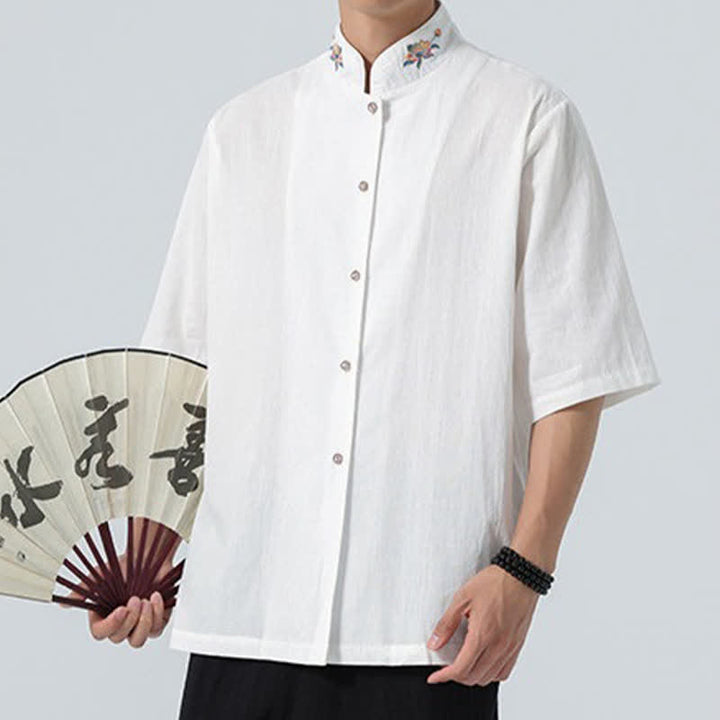 Buddha Stones Camicia da uomo tinta unita stile Tang estiva con colletto alla coreana e ricamo a loto. - image 21