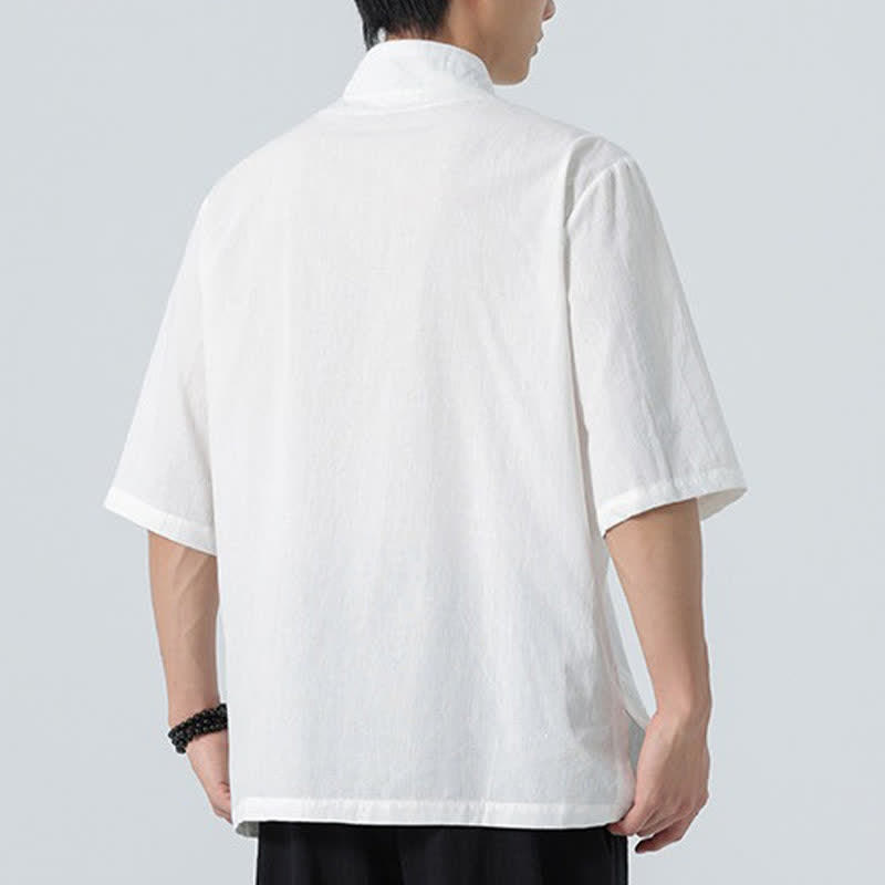 Buddha Stones Camicia da uomo tinta unita stile Tang estiva con colletto alla coreana e ricamo a loto. - image 20
