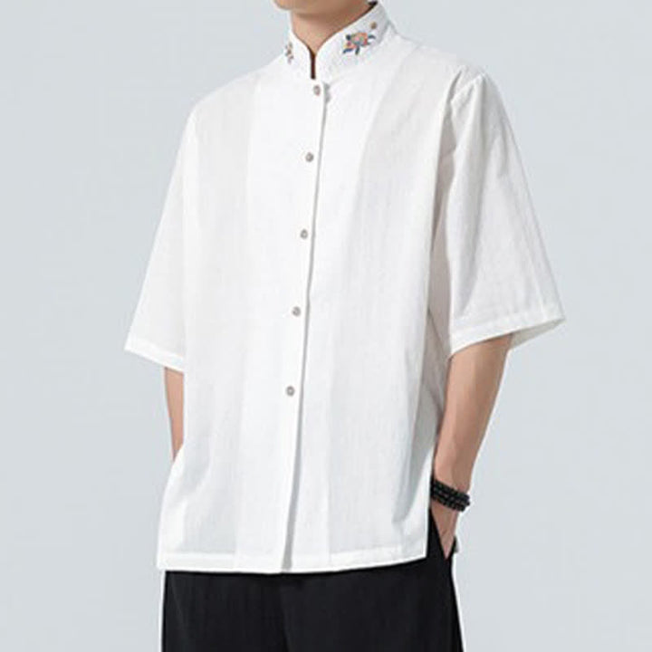 Buddha Stones Camicia da uomo tinta unita stile Tang estiva con colletto alla coreana e ricamo a loto. - image 19