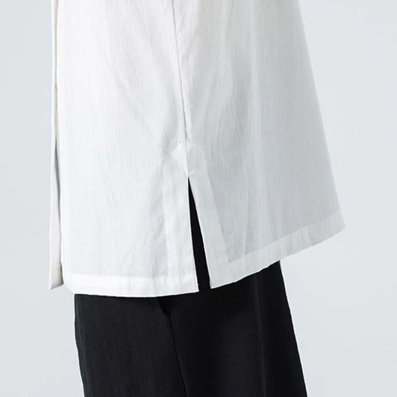 Buddha Stones Camicia da uomo tinta unita stile Tang estiva con colletto alla coreana e ricamo a loto. - image 27