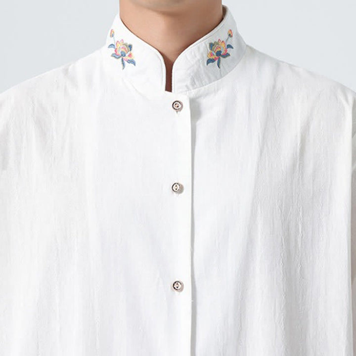 Buddha Stones Camicia da uomo tinta unita stile Tang estiva con colletto alla coreana e ricamo a loto. - image 24