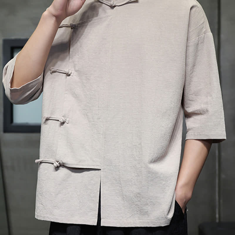 Buddha Stones Camicia da uomo a maniche corte, tinta unita, stile Tang estivo, con colletto alla coreana e bottoni a rana. - image 10