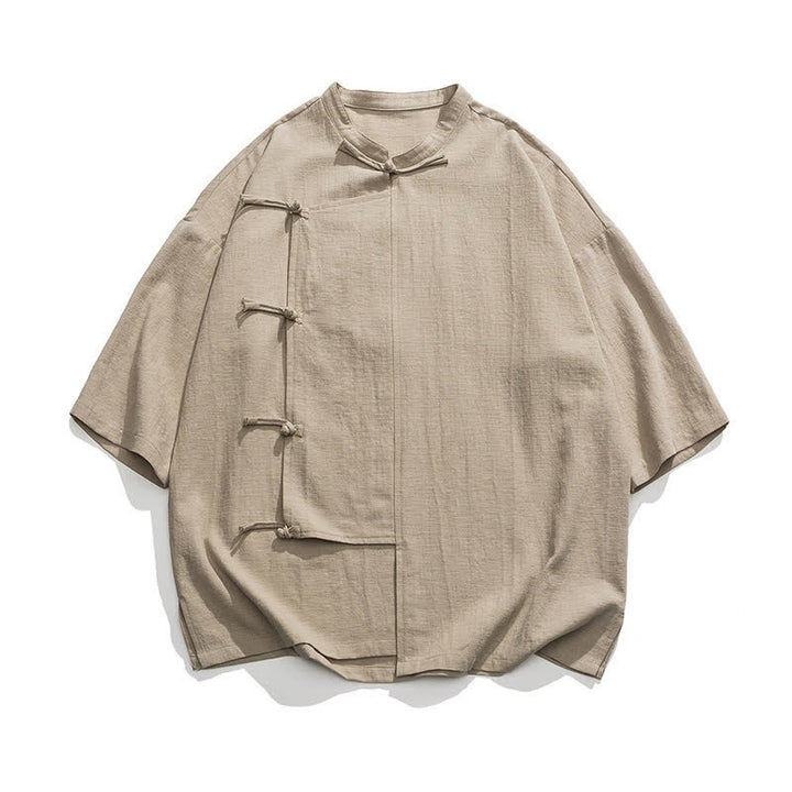 Buddha Stones Camicia da uomo a maniche corte, tinta unita, stile Tang estivo, con colletto alla coreana e bottoni a rana. - image 11