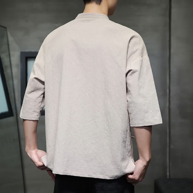 Buddha Stones Camicia da uomo a maniche corte, tinta unita, stile Tang estivo, con colletto alla coreana e bottoni a rana. - image 3