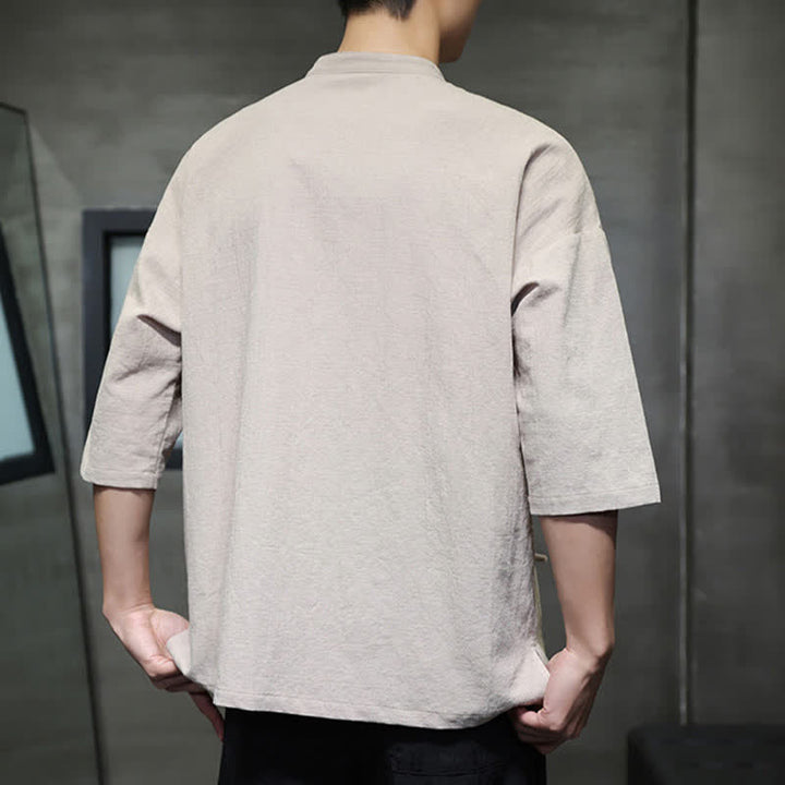 Buddha Stones Camicia da uomo a maniche corte, tinta unita, stile Tang estivo, con colletto alla coreana e bottoni a rana. - image 3