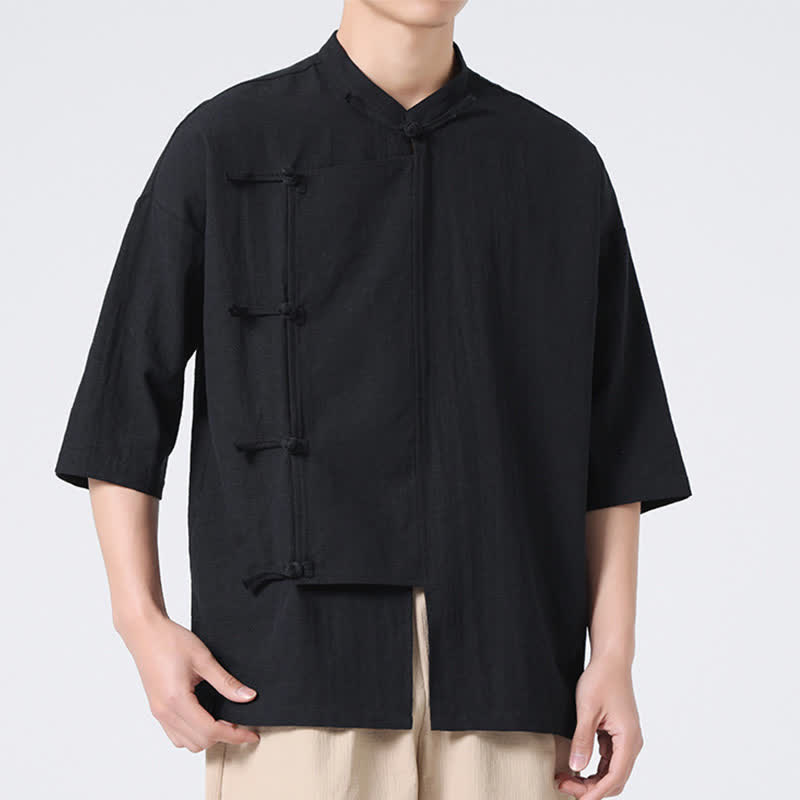 Buddha Stones Camicia da uomo a maniche corte, tinta unita, stile Tang estivo, con colletto alla coreana e bottoni a rana. - Nero - US/UK/AU46, EU56 (5XL) - image 12
