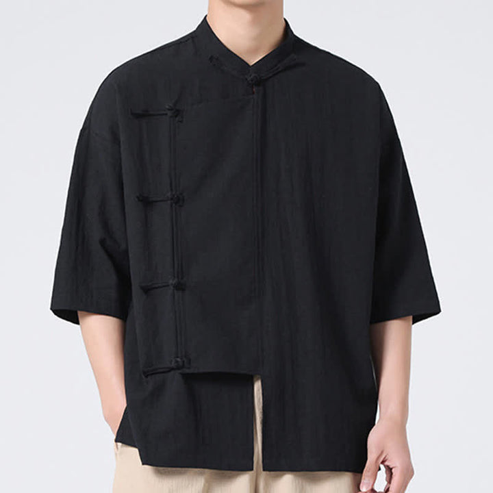 Buddha Stones Camicia da uomo a maniche corte, tinta unita, stile Tang estivo, con colletto alla coreana e bottoni a rana. - image 14