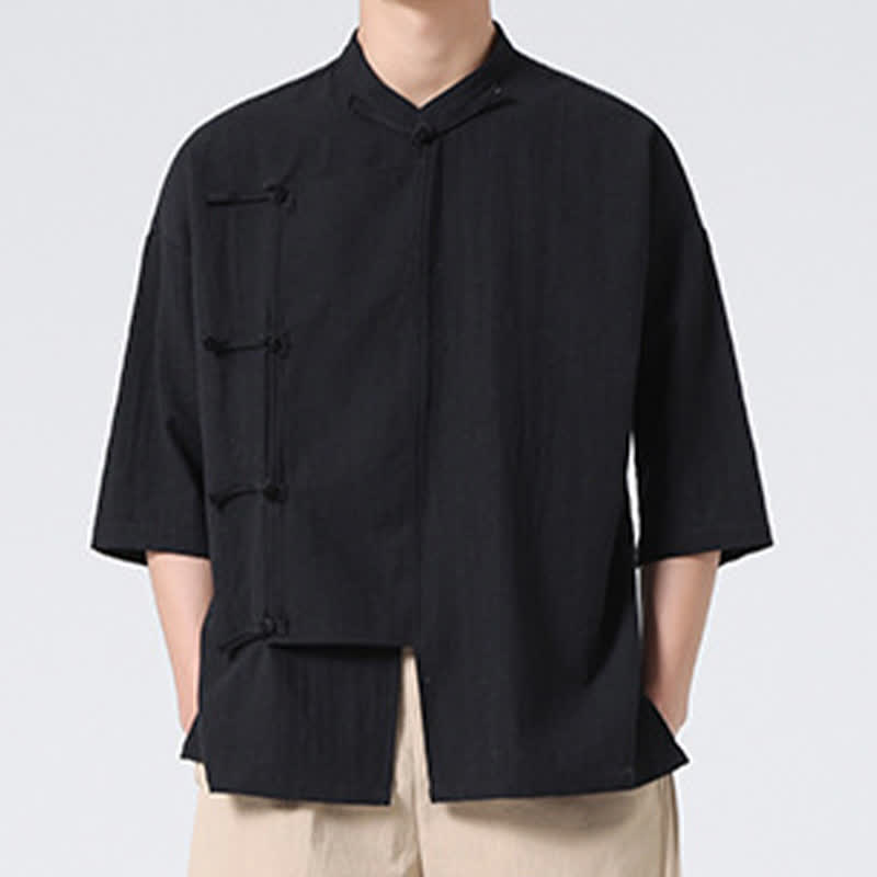 Buddha Stones Camicia da uomo a maniche corte, tinta unita, stile Tang estivo, con colletto alla coreana e bottoni a rana. - image 13
