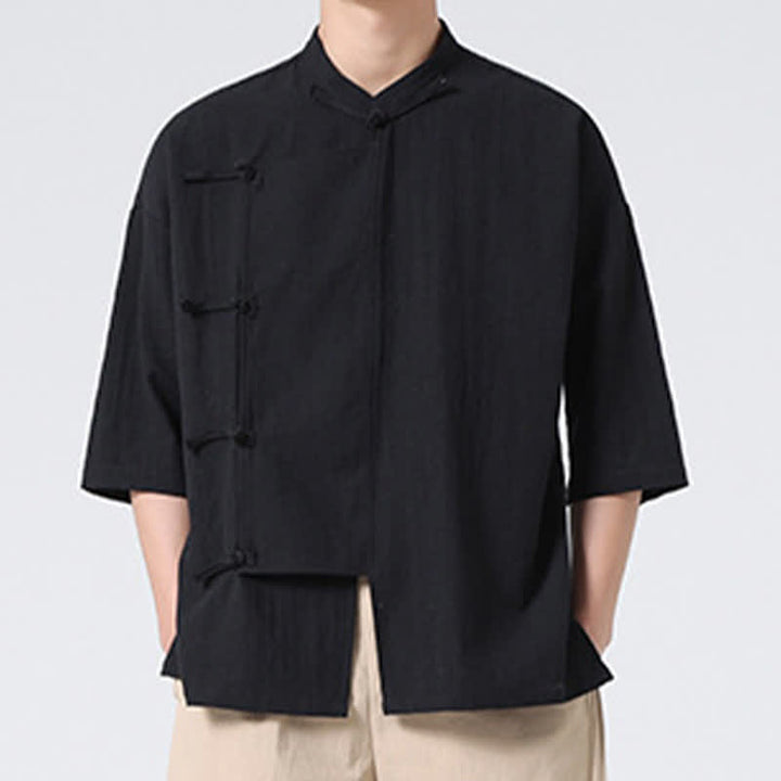 Buddha Stones Camicia da uomo a maniche corte, tinta unita, stile Tang estivo, con colletto alla coreana e bottoni a rana. - image 13