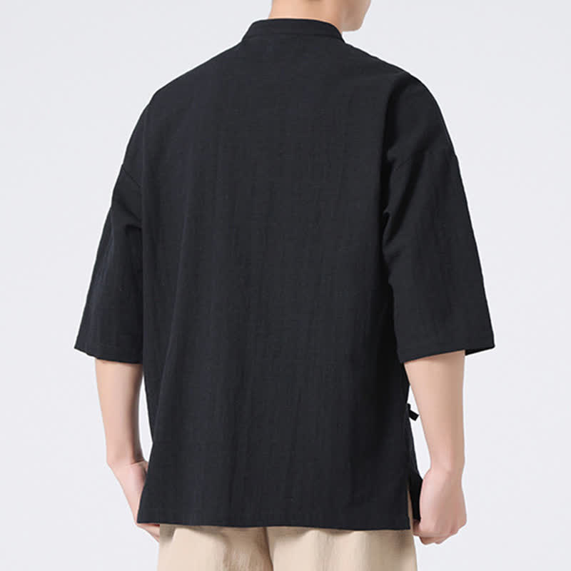 Buddha Stones Camicia da uomo a maniche corte, tinta unita, stile Tang estivo, con colletto alla coreana e bottoni a rana. - image 16