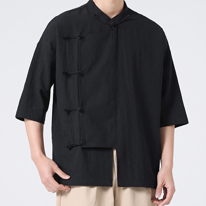 Buddha Stones Camicia da uomo a maniche corte, tinta unita, stile Tang estivo, con colletto alla coreana e bottoni a rana. - image 19