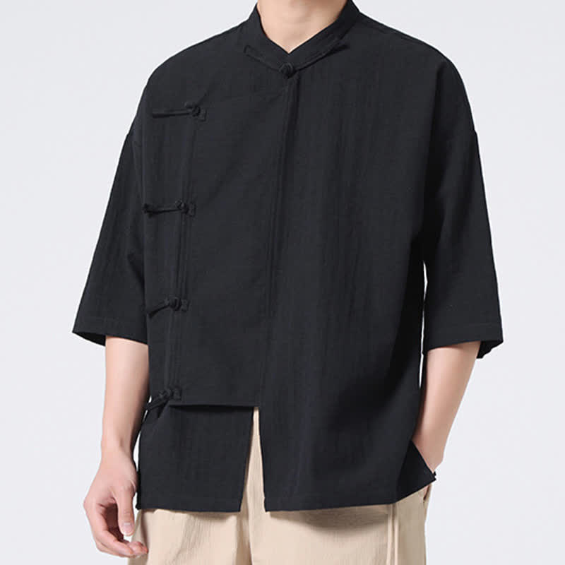 Buddha Stones Camicia da uomo a maniche corte, tinta unita, stile Tang estivo, con colletto alla coreana e bottoni a rana. - image 15