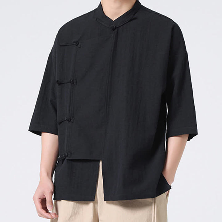 Buddha Stones Camicia da uomo a maniche corte, tinta unita, stile Tang estivo, con colletto alla coreana e bottoni a rana. - image 15
