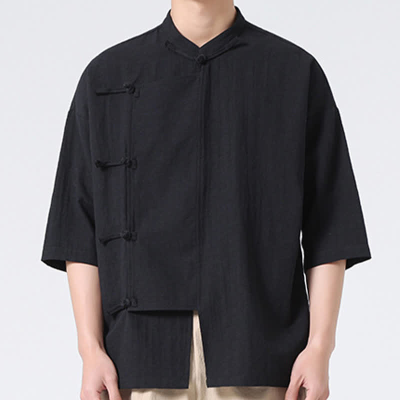 Buddha Stones Camicia da uomo a maniche corte, tinta unita, stile Tang estivo, con colletto alla coreana e bottoni a rana. - image 18