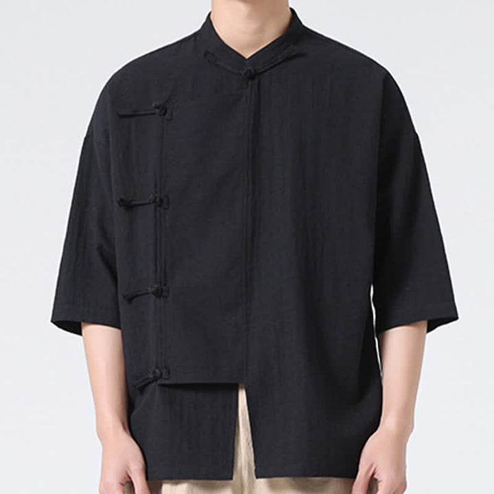 Buddha Stones Camicia da uomo a maniche corte, tinta unita, stile Tang estivo, con colletto alla coreana e bottoni a rana. - image 18