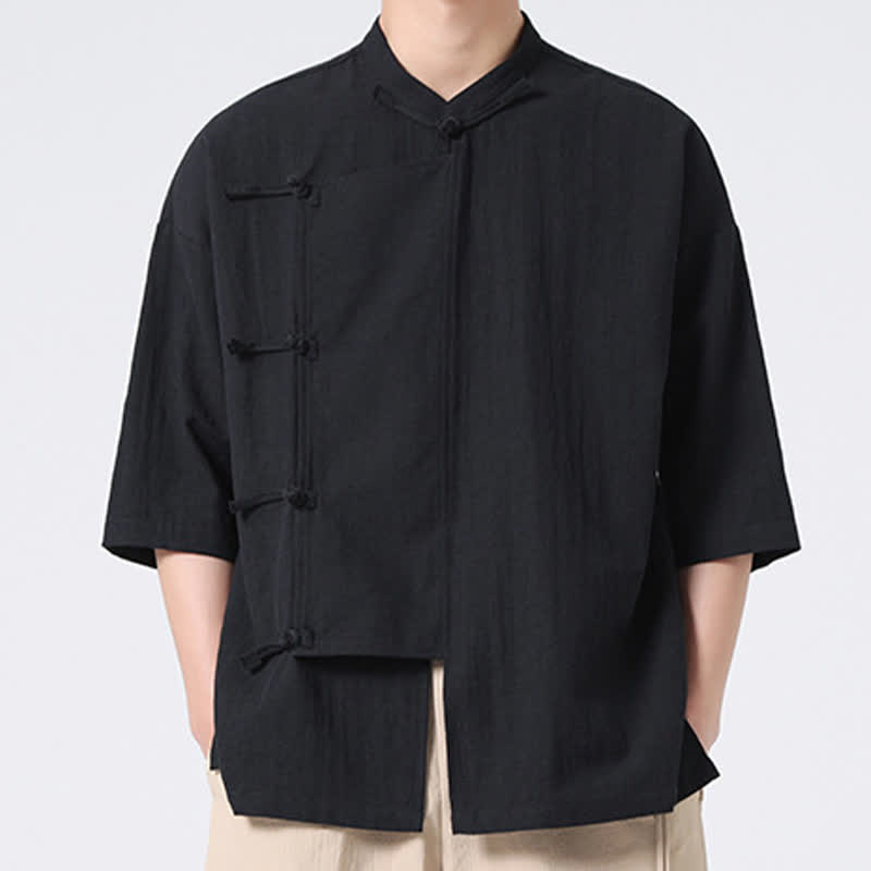 Buddha Stones Camicia da uomo a maniche corte, tinta unita, stile Tang estivo, con colletto alla coreana e bottoni a rana. - image 17
