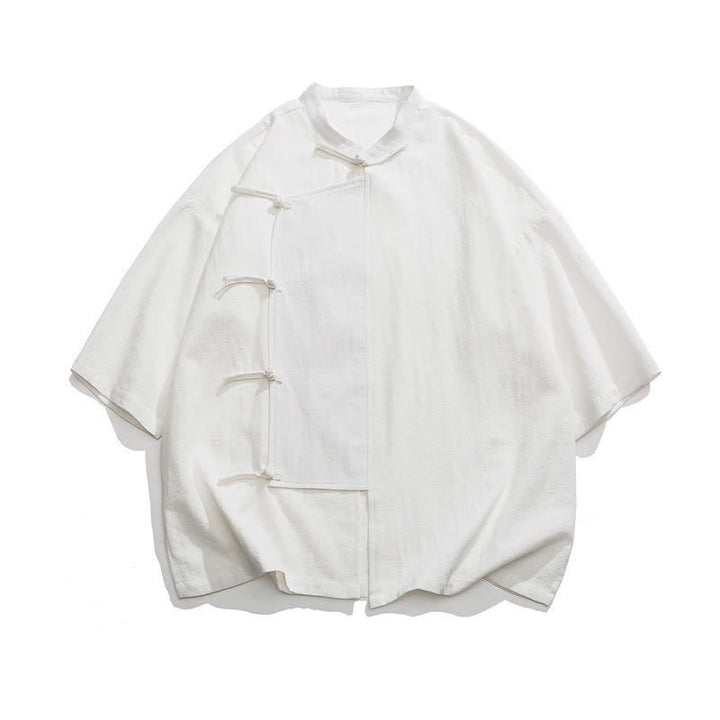 Buddha Stones Camicia da uomo a maniche corte, tinta unita, stile Tang estivo, con colletto alla coreana e bottoni a rana. - image 30