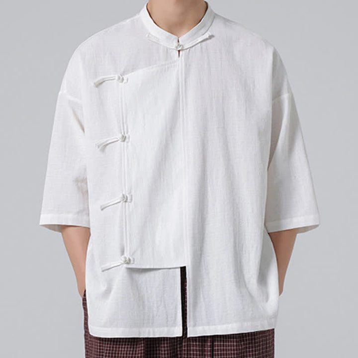 Buddha Stones Camicia da uomo a maniche corte, tinta unita, stile Tang estivo, con colletto alla coreana e bottoni a rana. - Bianco - US/UK/AU46, EU56 (5XL) - image 21