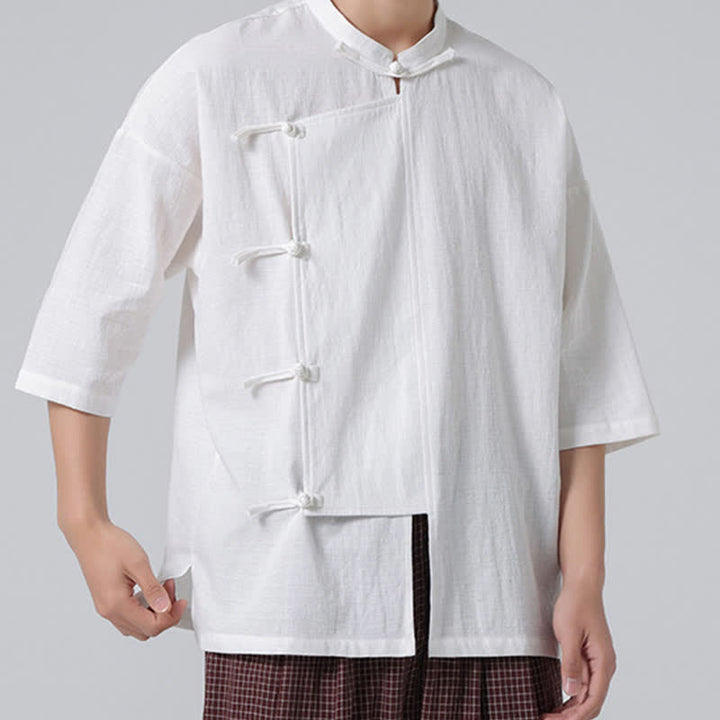 Buddha Stones Camicia da uomo a maniche corte, tinta unita, stile Tang estivo, con colletto alla coreana e bottoni a rana. - image 26