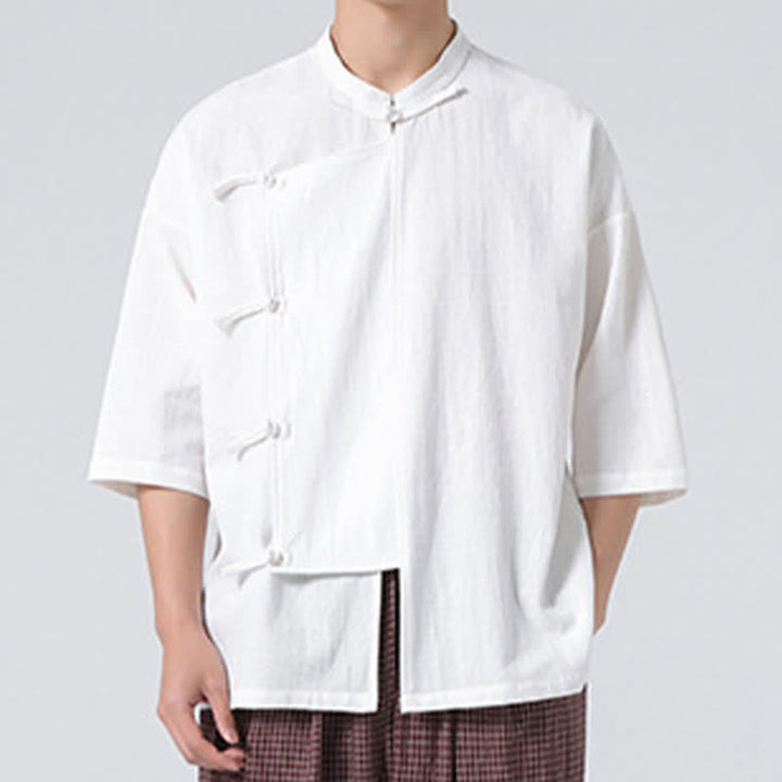Buddha Stones Camicia da uomo a maniche corte, tinta unita, stile Tang estivo, con colletto alla coreana e bottoni a rana. - image 22