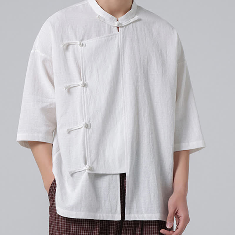 Buddha Stones Camicia da uomo a maniche corte, tinta unita, stile Tang estivo, con colletto alla coreana e bottoni a rana. - image 24