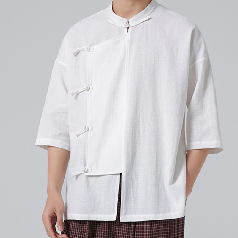 Buddha Stones Camicia da uomo a maniche corte, tinta unita, stile Tang estivo, con colletto alla coreana e bottoni a rana. - image 27