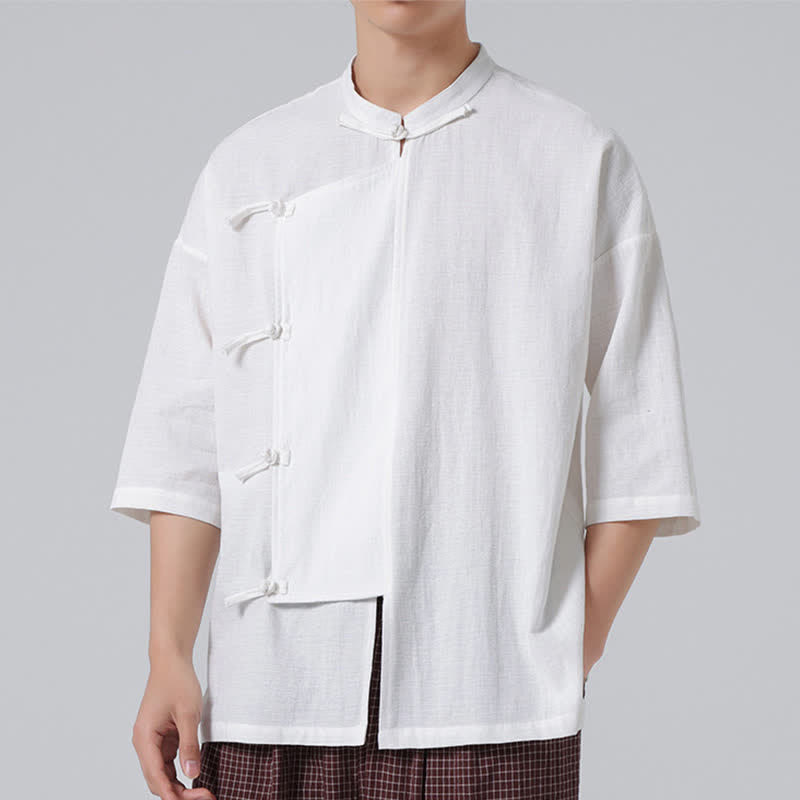 Buddha Stones Camicia da uomo a maniche corte, tinta unita, stile Tang estivo, con colletto alla coreana e bottoni a rana. - image 29