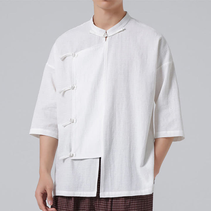Buddha Stones Camicia da uomo a maniche corte, tinta unita, stile Tang estivo, con colletto alla coreana e bottoni a rana. - image 29