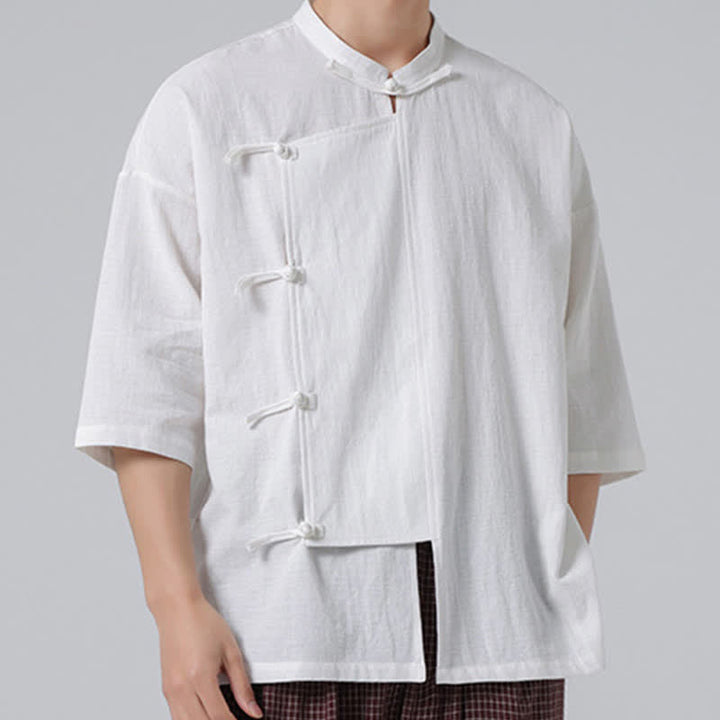 Buddha Stones Camicia da uomo a maniche corte, tinta unita, stile Tang estivo, con colletto alla coreana e bottoni a rana. - image 28
