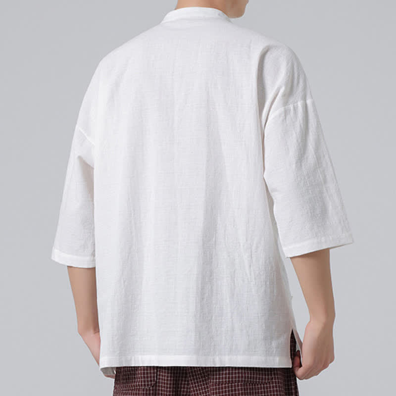Buddha Stones Camicia da uomo a maniche corte, tinta unita, stile Tang estivo, con colletto alla coreana e bottoni a rana. - image 25