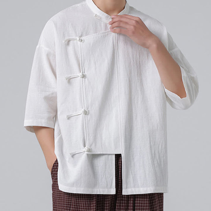 Buddha Stones Camicia da uomo a maniche corte, tinta unita, stile Tang estivo, con colletto alla coreana e bottoni a rana. - image 23