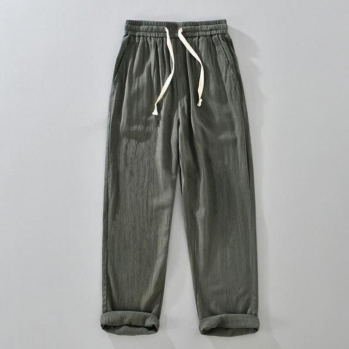 Buddha Stones Pantaloni lunghi estivi casual vintage con coulisse, modello affusolato da uomo con tasche. - Verde oliva scuro - US/UK/AU42, EU52 (3XL) - image 0