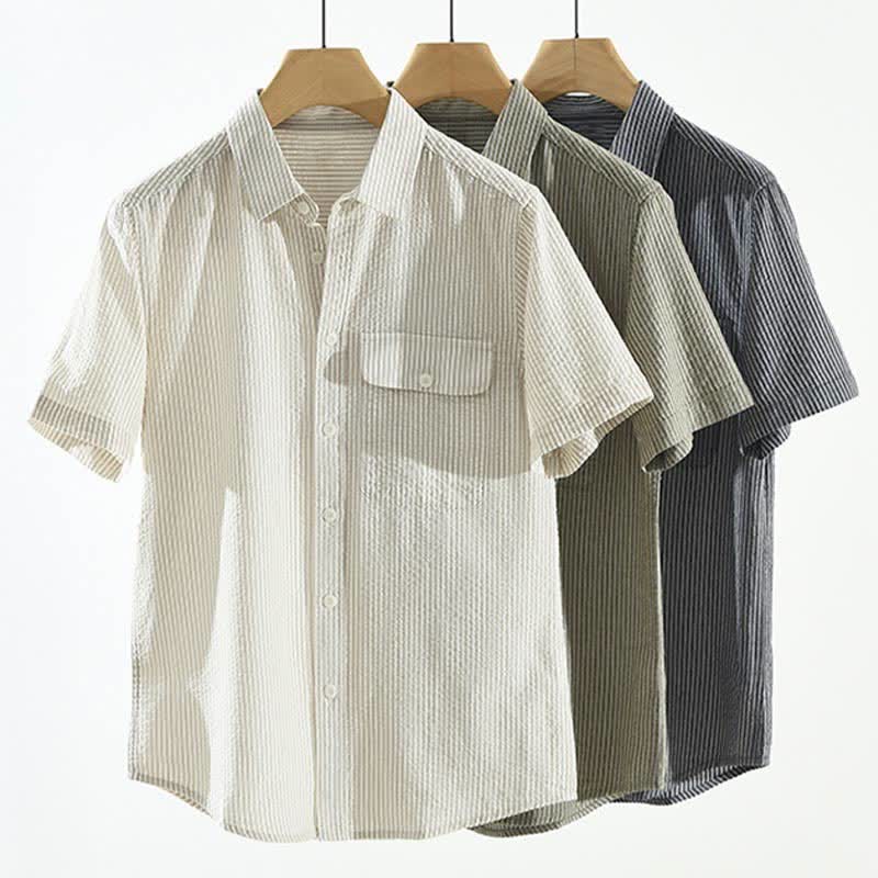 Buddha Stones Camicia da uomo estiva casual a maniche corte in cotone a righe con bottoni e taschino decorativo. - image 14