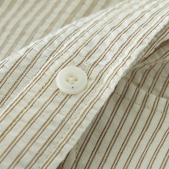 Buddha Stones Camicia da uomo estiva casual a maniche corte in cotone a righe con bottoni e taschino decorativo. - image 9