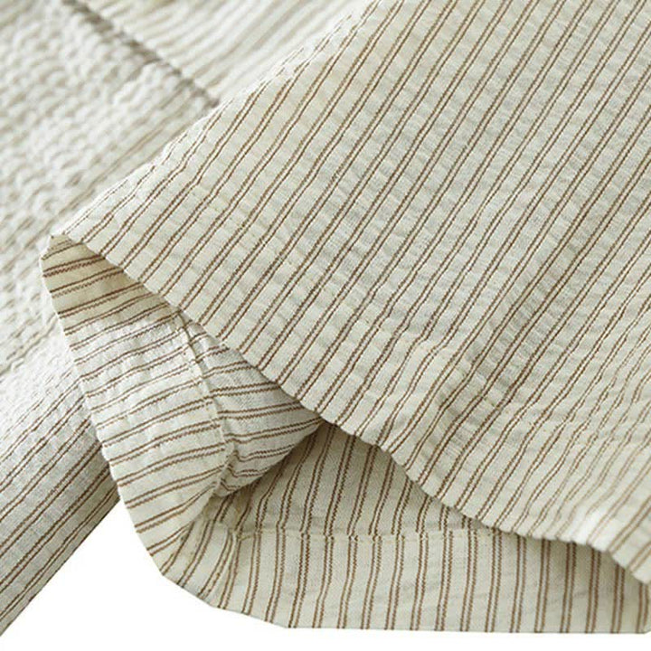 Buddha Stones Camicia da uomo estiva casual a maniche corte in cotone a righe con bottoni e taschino decorativo. - image 10