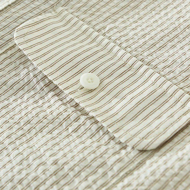 Buddha Stones Camicia da uomo estiva casual a maniche corte in cotone a righe con bottoni e taschino decorativo. - image 8