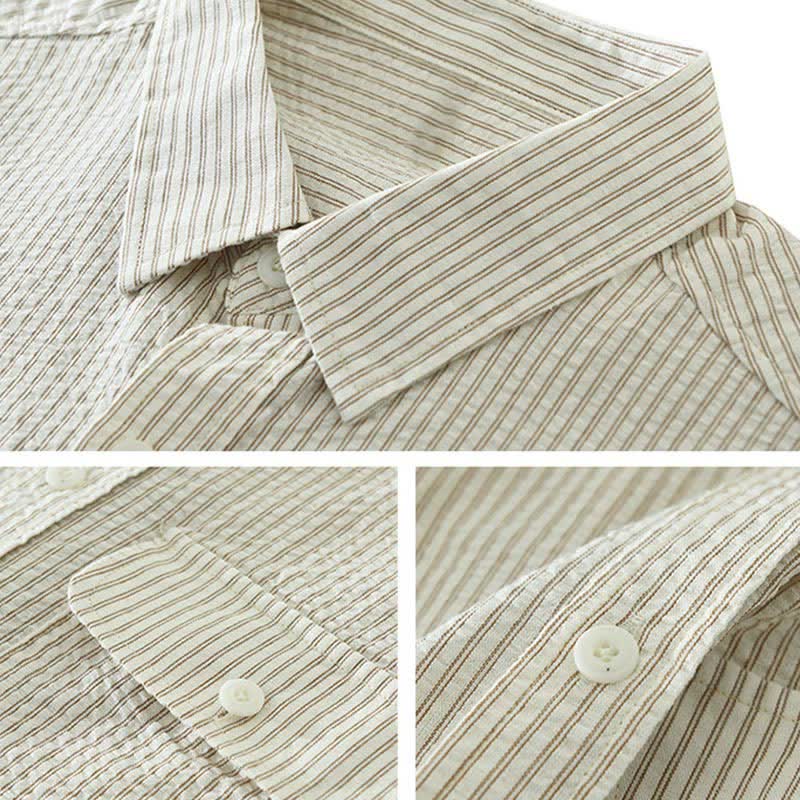 Buddha Stones Camicia da uomo estiva casual a maniche corte in cotone a righe con bottoni e taschino decorativo. - image 3