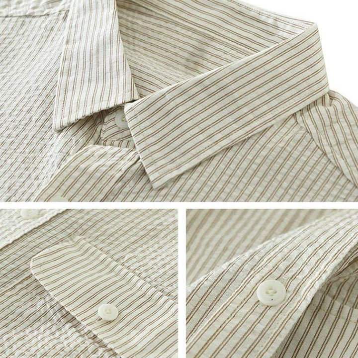 Buddha Stones Camicia da uomo estiva casual a maniche corte in cotone a righe con bottoni e taschino decorativo. - image 3