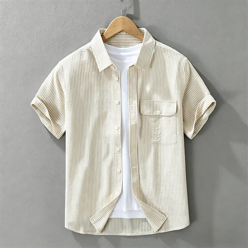 Buddha Stones Camicia da uomo estiva casual a maniche corte in cotone a righe con bottoni e taschino decorativo. - Grano - US/UK/AU42, EU52 (3XL) - image 1
